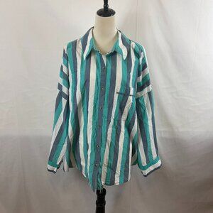 By Anthropologie Oversized Top L Dark Mint Blue White Stripe Button Front Pocket